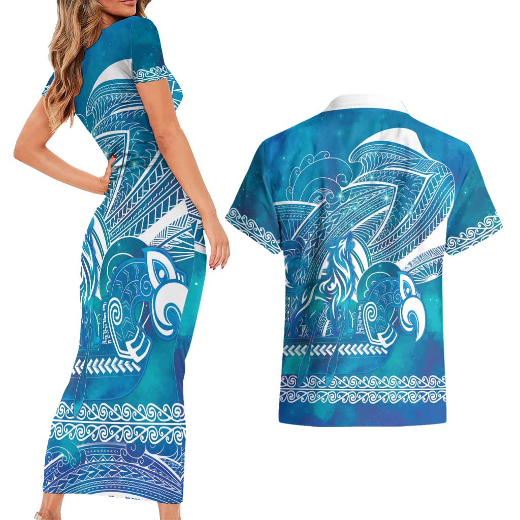 Kuri Dog Waka New Zealand Matariki Couples Matching Short Sleeve Bodycon Dress and Hawaiian Shirt Ocean Sharks Maori Tattoo LT14 - Polynesian Pride