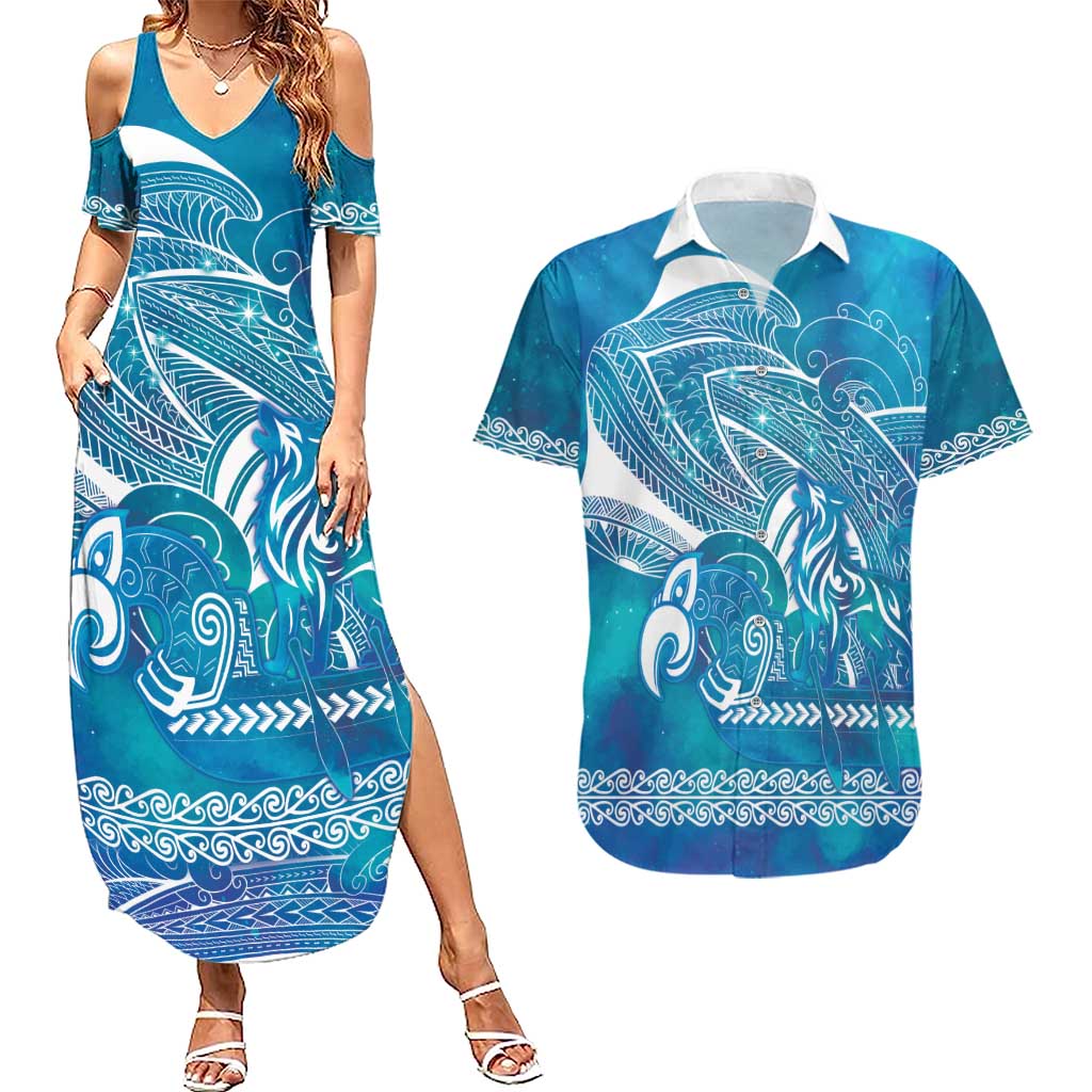 Kuri Dog Waka New Zealand Matariki Couples Matching Summer Maxi Dress and Hawaiian Shirt Ocean Sharks Maori Tattoo LT14 Blue - Polynesian Pride