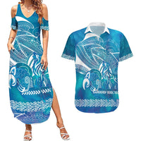 Kuri Dog Waka New Zealand Matariki Couples Matching Summer Maxi Dress and Hawaiian Shirt Ocean Sharks Maori Tattoo LT14 Blue - Polynesian Pride