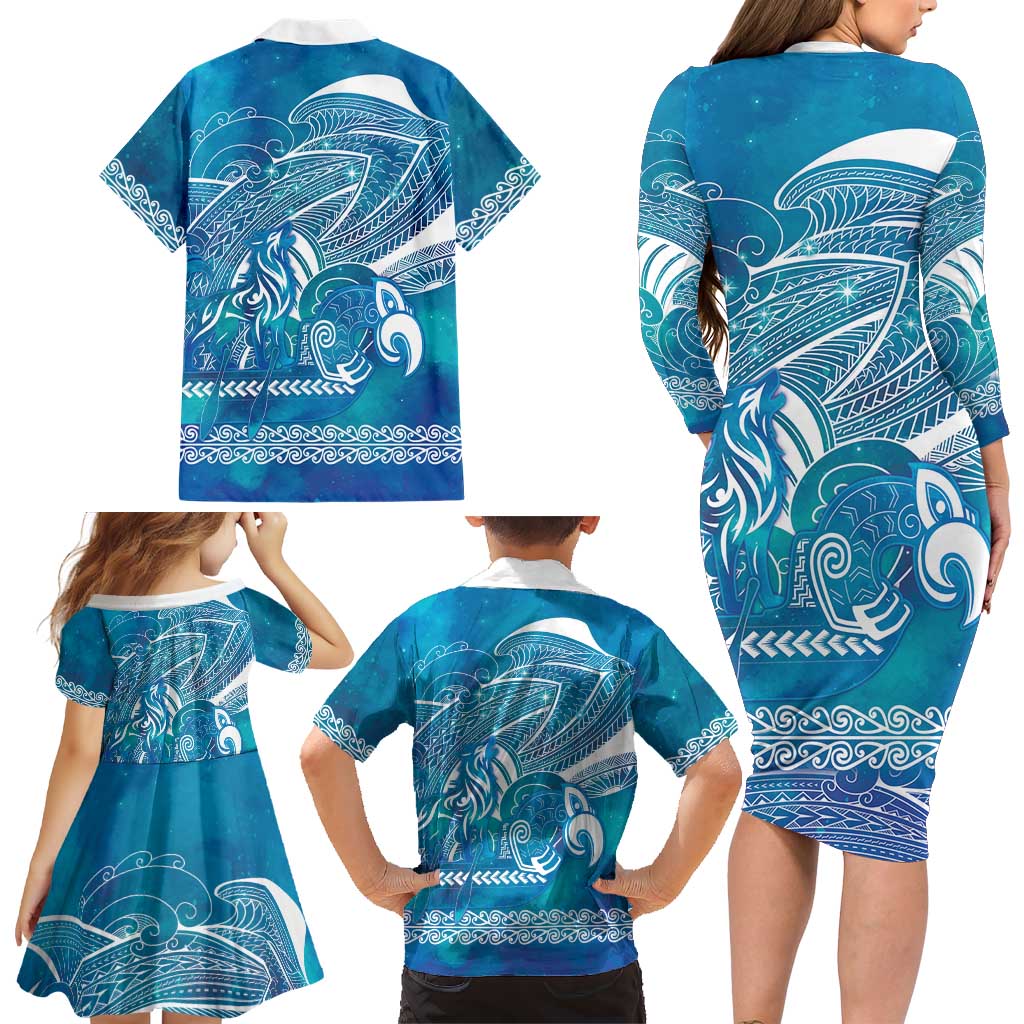 Kuri Dog Waka New Zealand Matariki Family Matching Long Sleeve Bodycon Dress and Hawaiian Shirt Ocean Sharks Maori Tattoo LT14 - Polynesian Pride