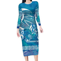 Kuri Dog Waka New Zealand Matariki Family Matching Long Sleeve Bodycon Dress and Hawaiian Shirt Ocean Sharks Maori Tattoo LT14 Mom's Dress Blue - Polynesian Pride