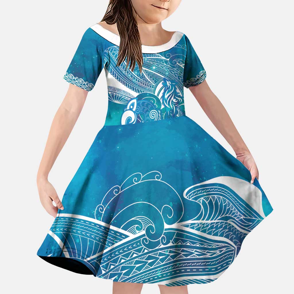 Kuri Dog Waka New Zealand Matariki Family Matching Mermaid Dress and Hawaiian Shirt Ocean Sharks Maori Tattoo LT14 Daughter's Dress Blue - Polynesian Pride