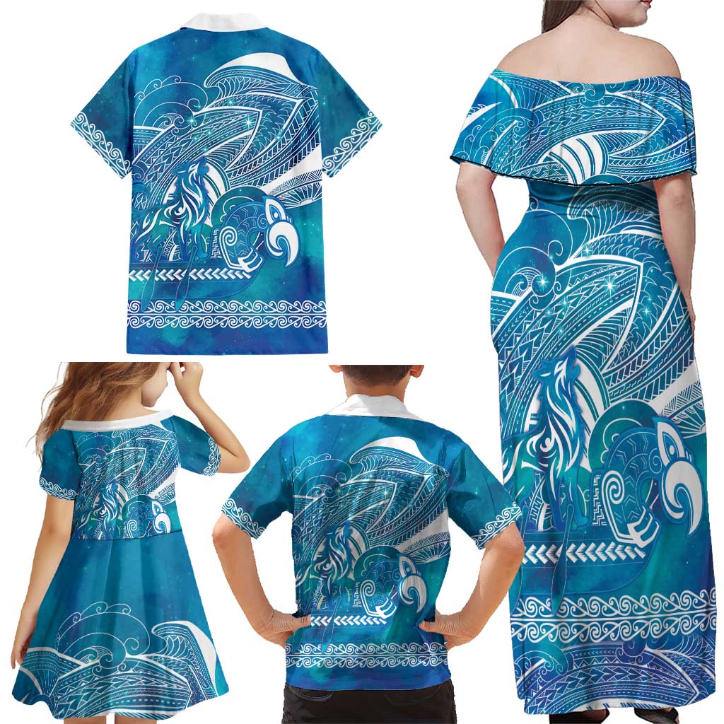 Kuri Dog Waka New Zealand Matariki Family Matching Off Shoulder Maxi Dress and Hawaiian Shirt Ocean Sharks Maori Tattoo LT14 - Polynesian Pride