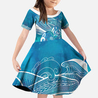 Kuri Dog Waka New Zealand Matariki Family Matching Puletasi and Hawaiian Shirt Ocean Sharks Maori Tattoo LT14 Daughter's Dress Blue - Polynesian Pride