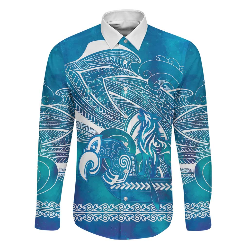 Kuri Dog Waka New Zealand Matariki Family Matching Puletasi and Hawaiian Shirt Ocean Sharks Maori Tattoo LT14 Dad's Shirt - Long Sleeve Blue - Polynesian Pride