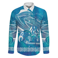 Kuri Dog Waka New Zealand Matariki Family Matching Puletasi and Hawaiian Shirt Ocean Sharks Maori Tattoo LT14 Dad's Shirt - Long Sleeve Blue - Polynesian Pride