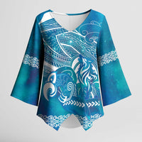 Kuri Dog Waka New Zealand Matariki Kimono Sleeve Blouse Ocean Sharks Maori Tattoo