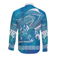 Kuri Dog Waka New Zealand Matariki Long Sleeve Button Shirt Ocean Sharks Maori Tattoo