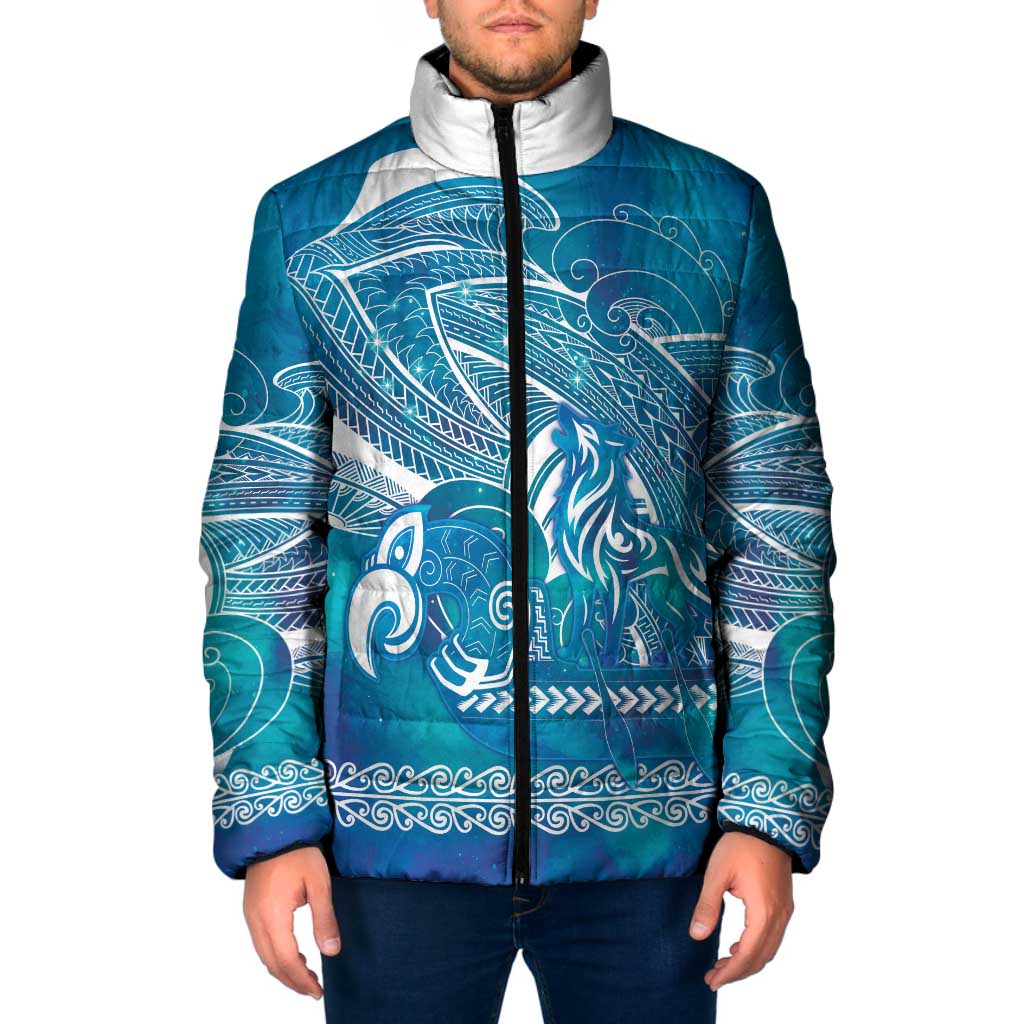 Kuri Dog Waka New Zealand Matariki Padded Jacket Ocean Sharks Maori Tattoo LT14 Men Blue - Polynesian Pride