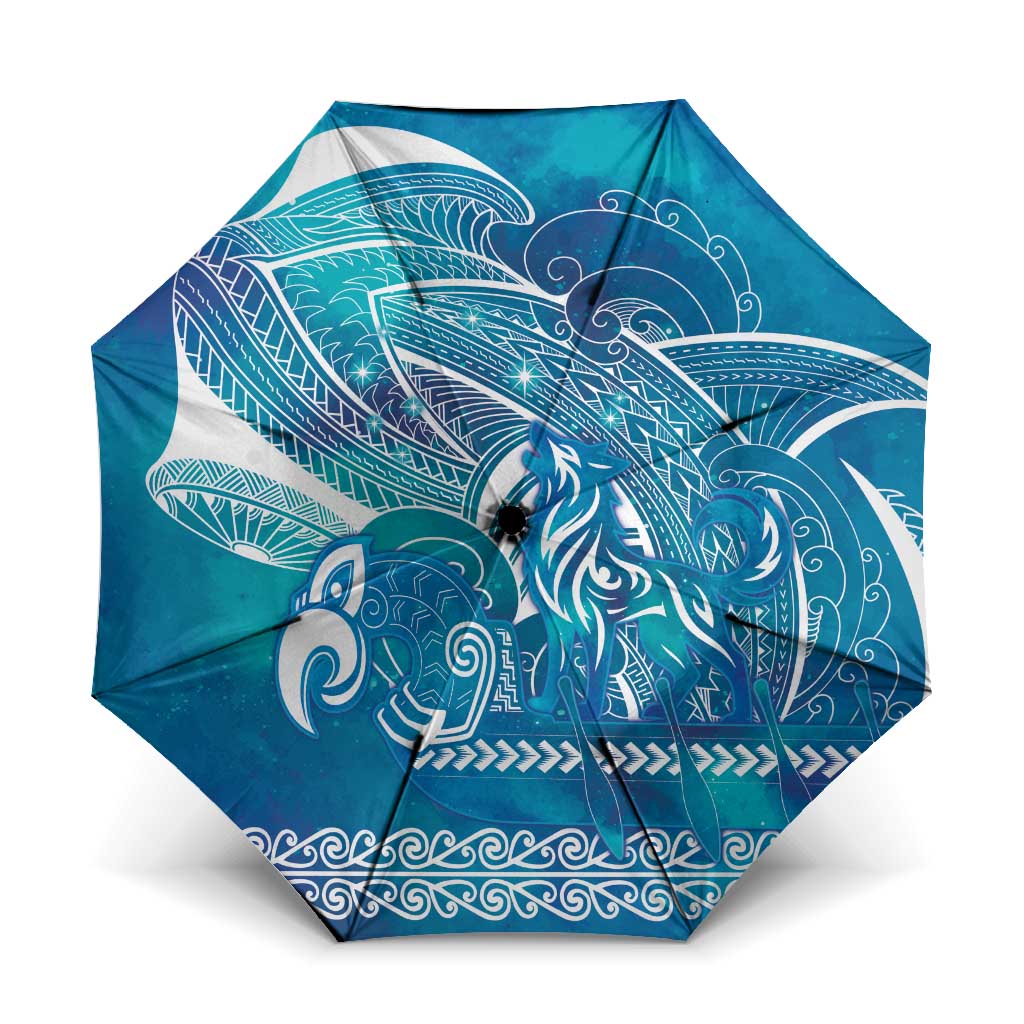 Kuri Dog Waka New Zealand Matariki Umbrella Ocean Sharks Maori Tattoo LT14 One Size Folded 11.42 inch Opened Diameter 37.4 inch Blue - Polynesian Pride