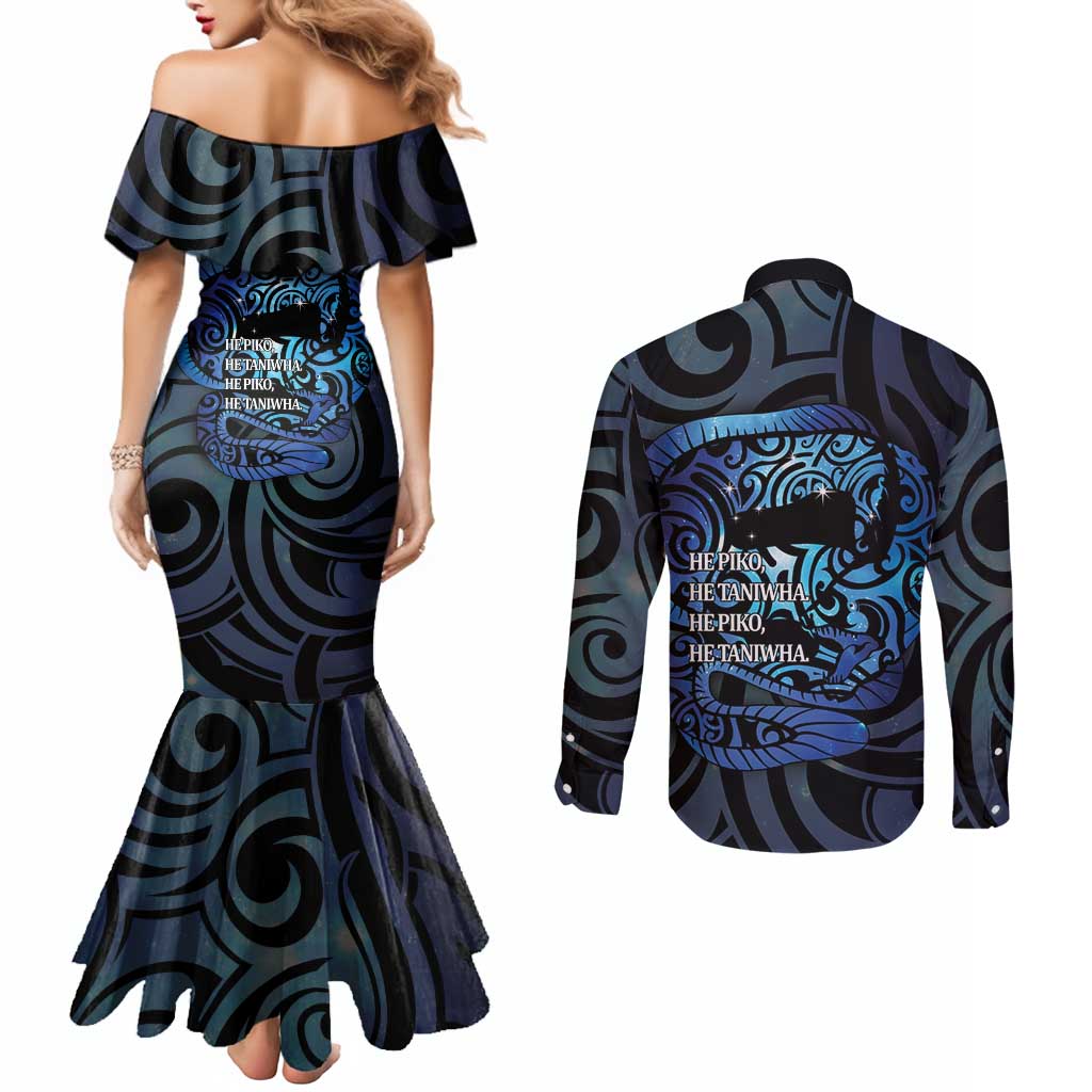Tuna Eel New Zealand Matariki Couples Matching Mermaid Dress and Long Sleeve Button Shirt He Piko He Taniwha Maori Pattern