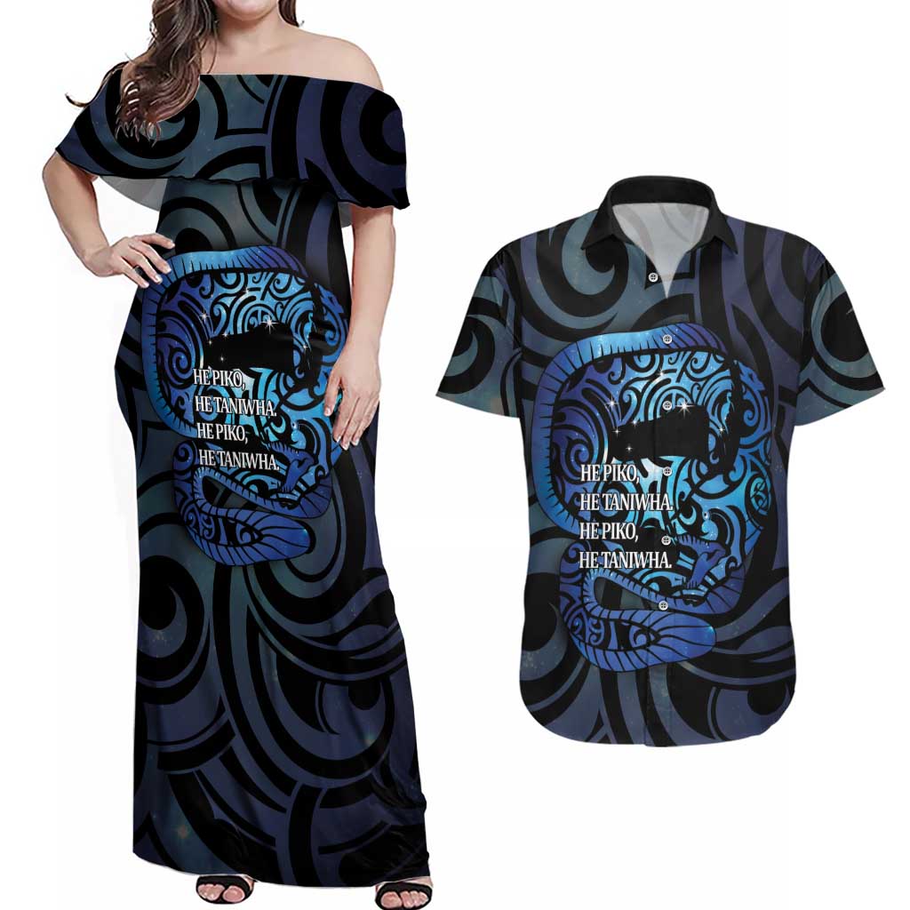 Tuna Eel New Zealand Matariki Couples Matching Off Shoulder Maxi Dress and Hawaiian Shirt He Piko He Taniwha Maori Pattern