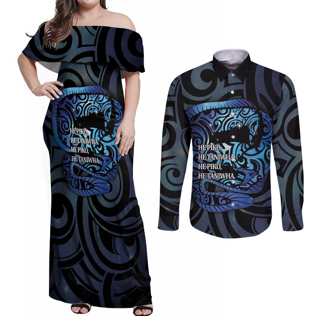 Tuna Eel New Zealand Matariki Couples Matching Off Shoulder Maxi Dress and Long Sleeve Button Shirt He Piko He Taniwha Maori Pattern LT14 Purple - Polynesian Pride