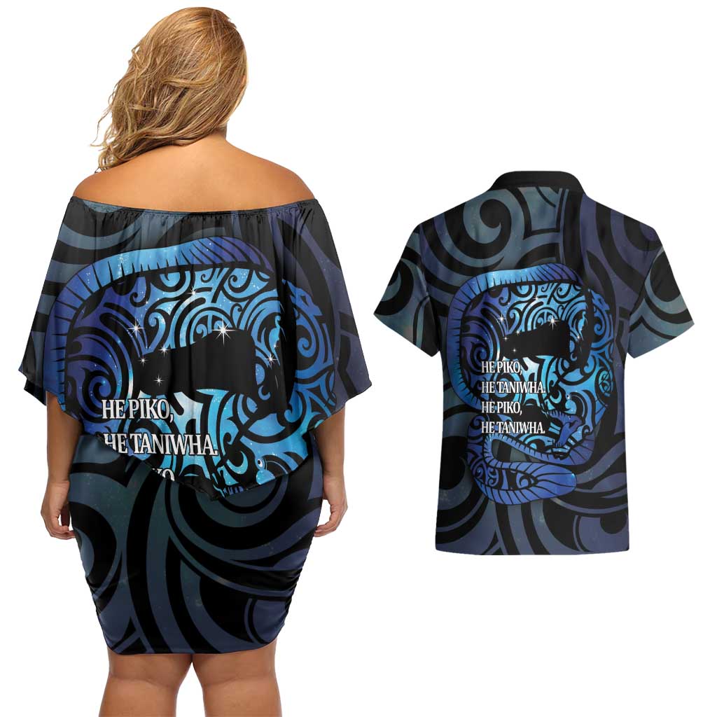 Tuna Eel New Zealand Matariki Couples Matching Off Shoulder Short Dress and Hawaiian Shirt He Piko He Taniwha Maori Pattern LT14 - Polynesian Pride