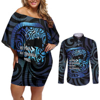 Tuna Eel New Zealand Matariki Couples Matching Off Shoulder Short Dress and Long Sleeve Button Shirt He Piko He Taniwha Maori Pattern LT14 Purple - Polynesian Pride