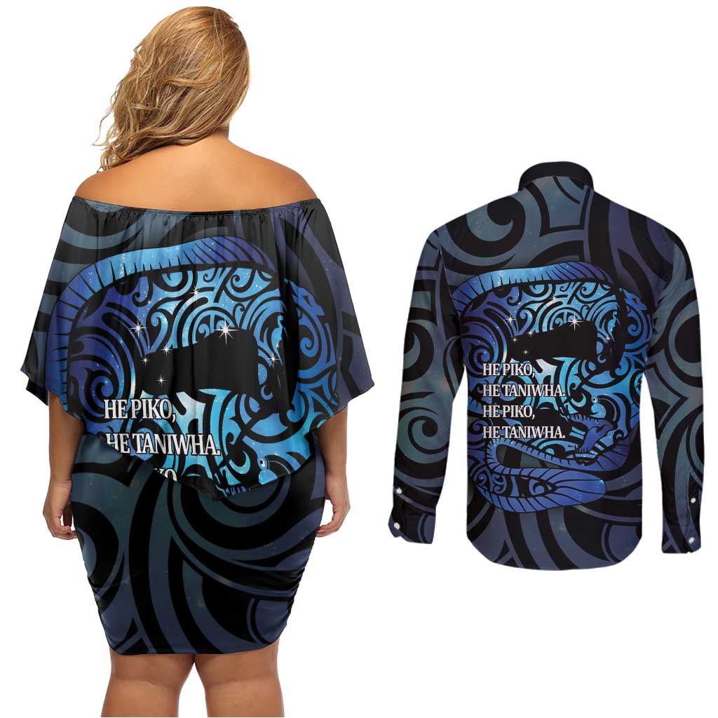 Tuna Eel New Zealand Matariki Couples Matching Off Shoulder Short Dress and Long Sleeve Button Shirt He Piko He Taniwha Maori Pattern LT14 - Polynesian Pride