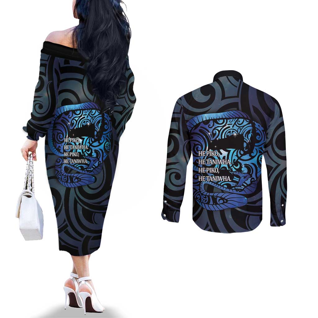 Tuna Eel New Zealand Matariki Couples Matching Off The Shoulder Long Sleeve Dress and Long Sleeve Button Shirt He Piko He Taniwha Maori Pattern LT14 - Polynesian Pride