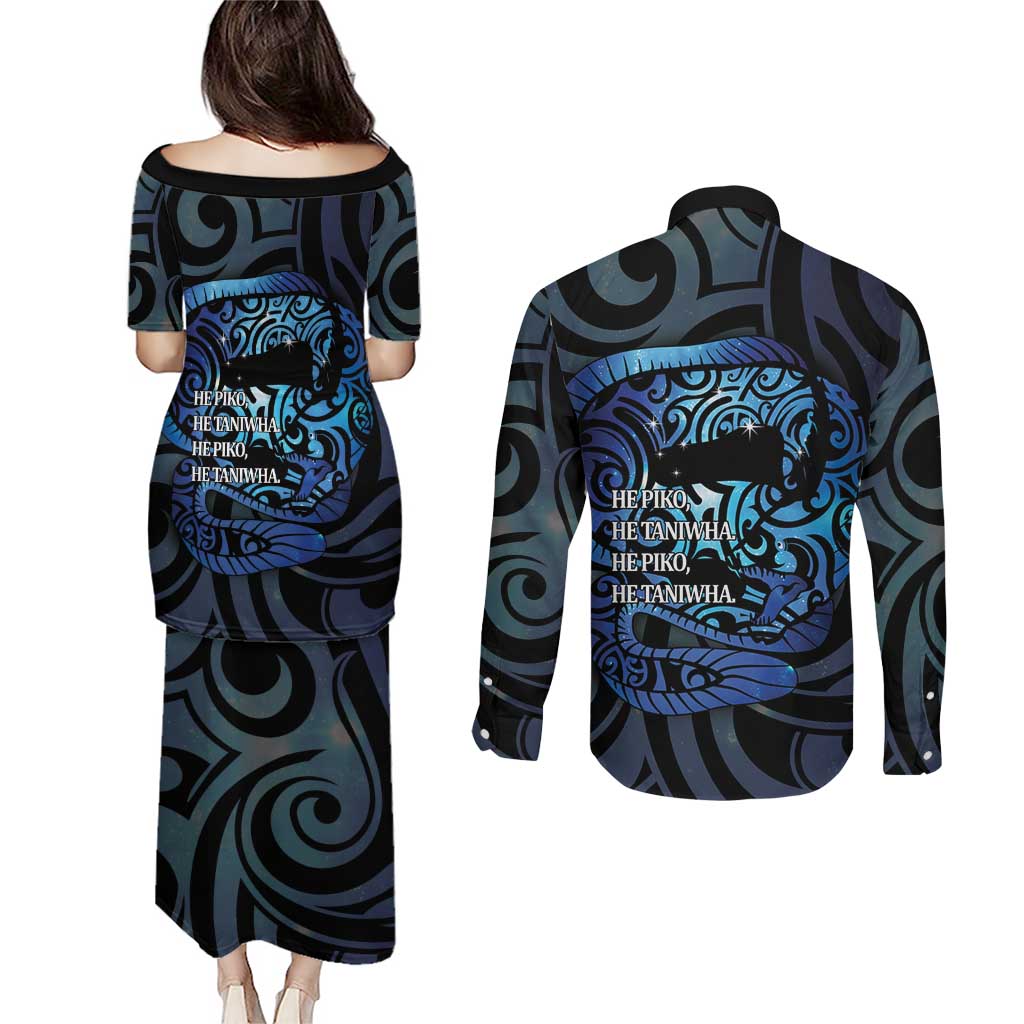 Tuna Eel New Zealand Matariki Couples Matching Puletasi and Long Sleeve Button Shirt He Piko He Taniwha Maori Pattern LT14 - Polynesian Pride