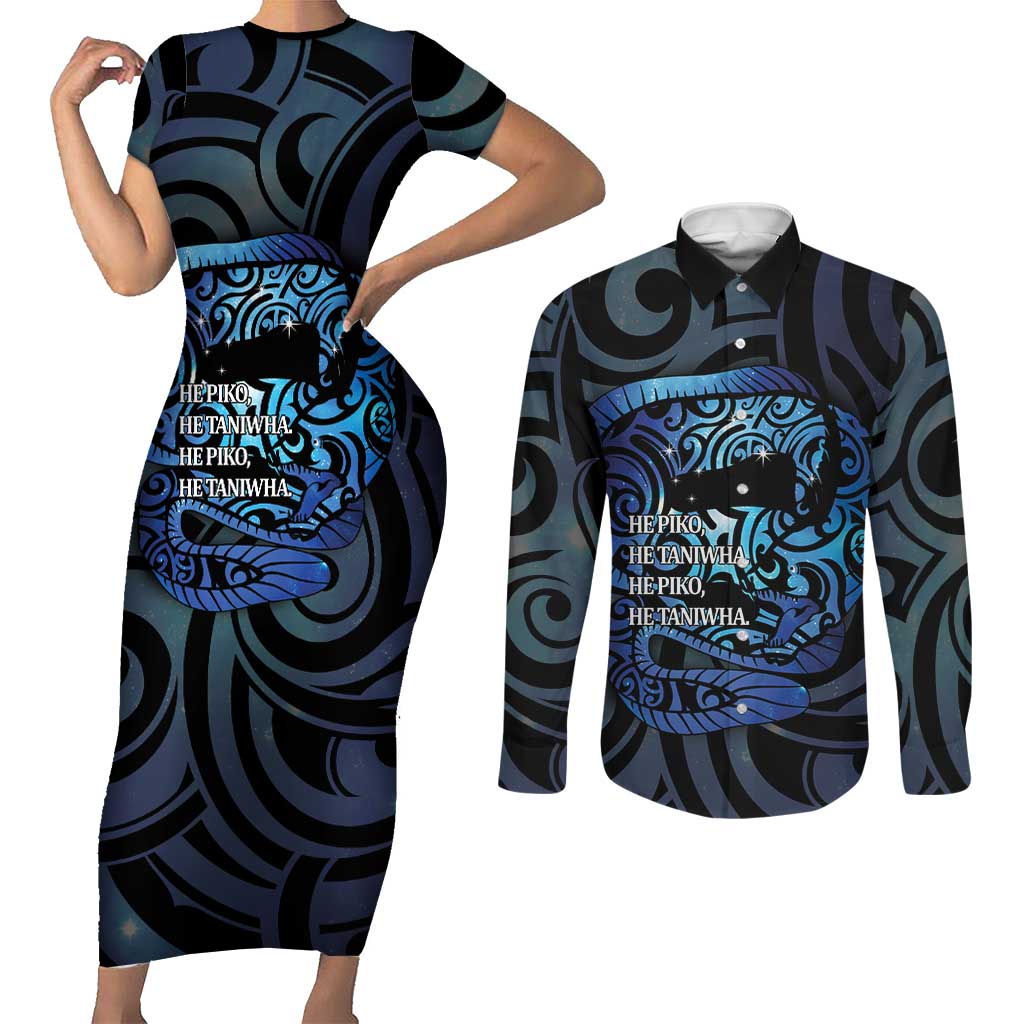 Tuna Eel New Zealand Matariki Couples Matching Short Sleeve Bodycon Dress and Long Sleeve Button Shirt He Piko He Taniwha Maori Pattern LT14 Purple - Polynesian Pride