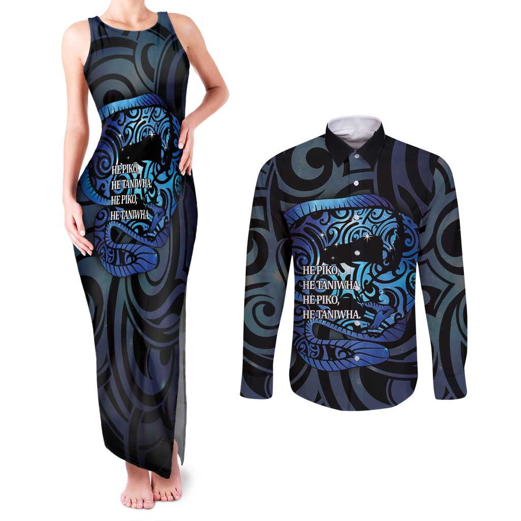 Tuna Eel New Zealand Matariki Couples Matching Tank Maxi Dress and Long Sleeve Button Shirt He Piko He Taniwha Maori Pattern LT14 Purple - Polynesian Pride