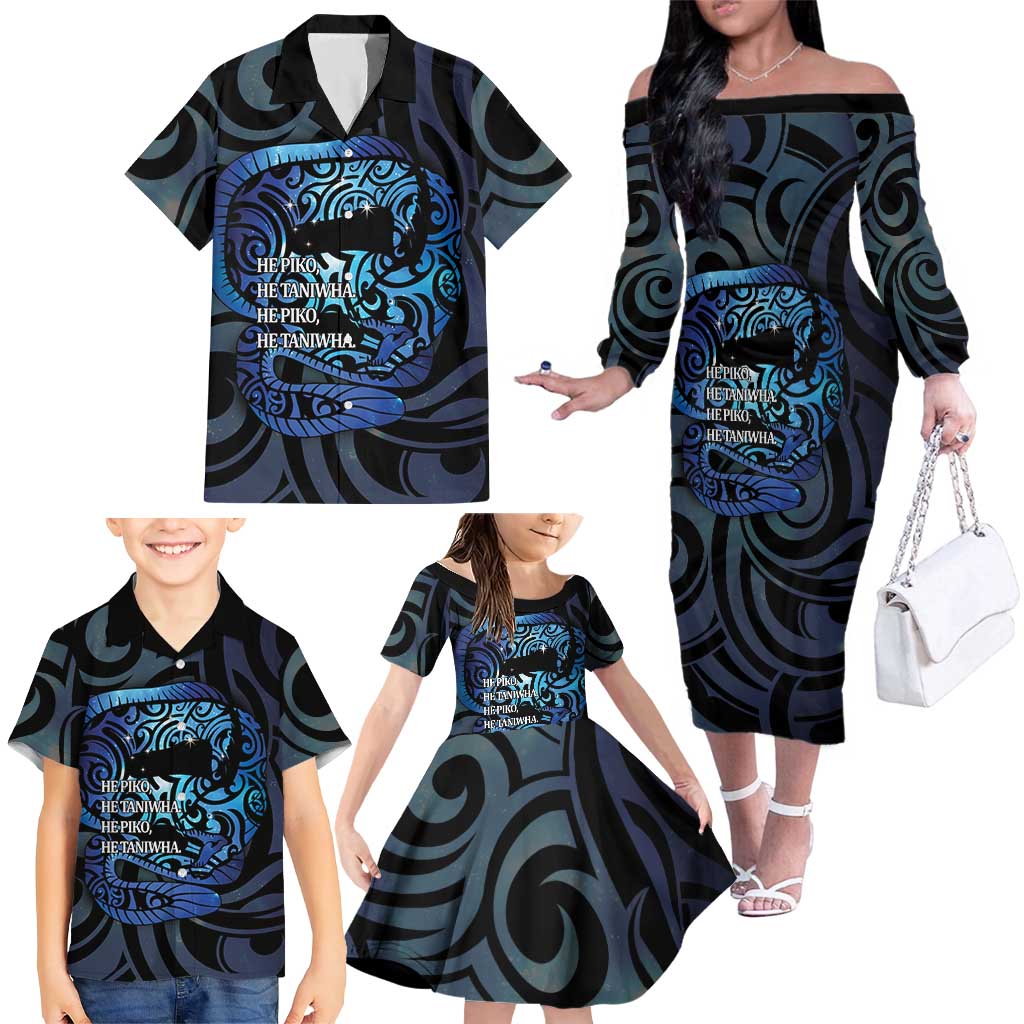 Tuna Eel New Zealand Matariki Family Matching Off The Shoulder Long Sleeve Dress and Hawaiian Shirt He Piko He Taniwha Maori Pattern LT14 - Polynesian Pride