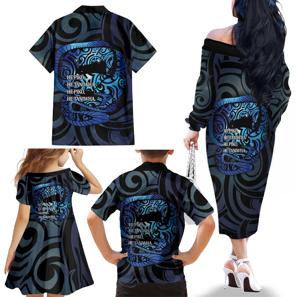 Tuna Eel New Zealand Matariki Family Matching Off The Shoulder Long Sleeve Dress and Hawaiian Shirt He Piko He Taniwha Maori Pattern LT14 - Polynesian Pride