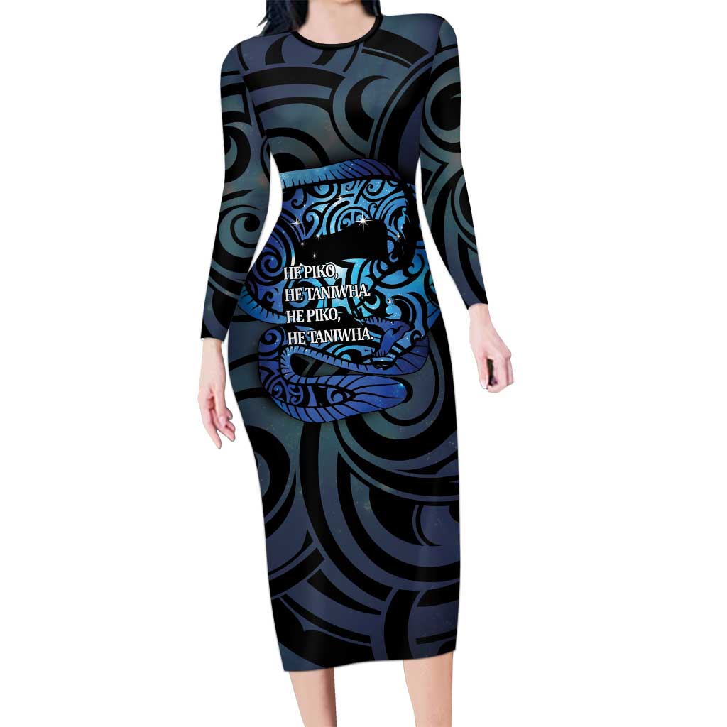 Tuna Eel New Zealand Matariki Long Sleeve Bodycon Dress He Piko He Taniwha Maori Pattern