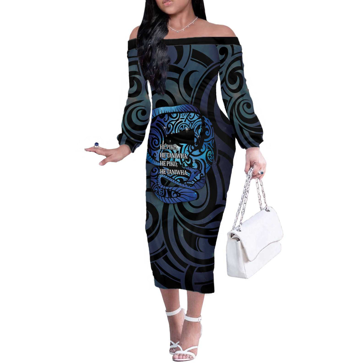 Tuna Eel New Zealand Matariki Off The Shoulder Long Sleeve Dress He Piko He Taniwha Maori Pattern LT14 Women Purple - Polynesian Pride