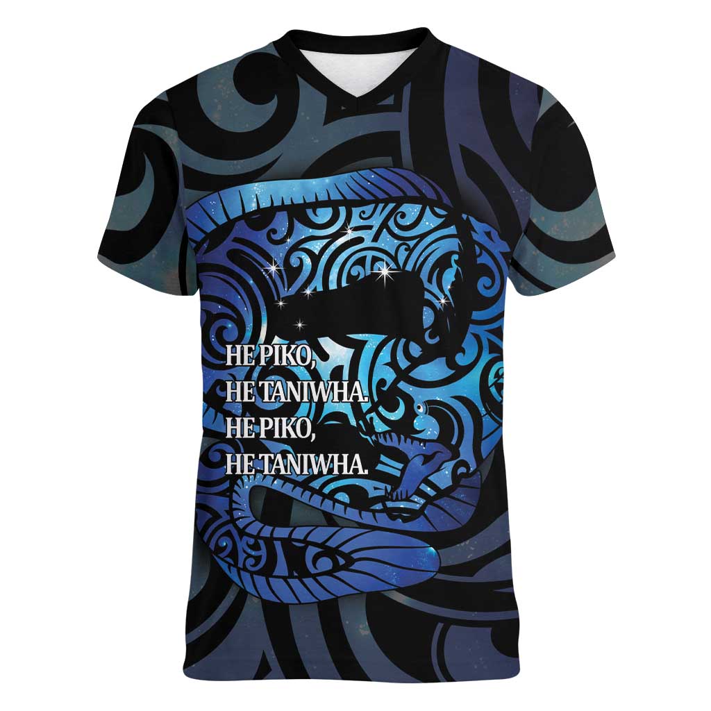 Tuna Eel New Zealand Matariki Women V-Neck T-Shirt He Piko He Taniwha Maori Pattern