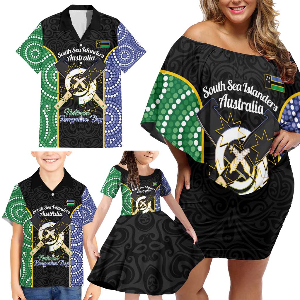 Personalised South Sea Islanders National Recognition Day Family Matching Off Shoulder Short Dress and Hawaiian Shirt Australia Aboriginal Vanuatu Pig Tusk