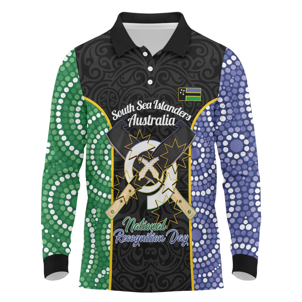Personalised South Sea Islanders National Recognition Day Long Sleeve Polo Shirt Australia Aboriginal Vanuatu Pig Tusk LT14 Black - Polynesian Pride