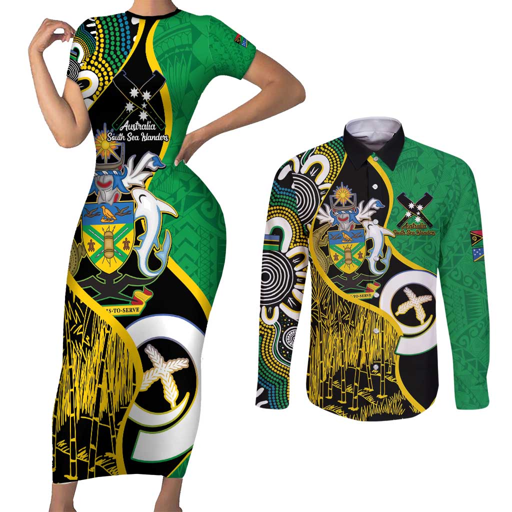 Australian South Sea Islanders National Recognition Day Couples Matching Short Sleeve Bodycon Dress and Long Sleeve Button Shirt Solomon Islands And Vanuatu Culture LT14 Black - Polynesian Pride