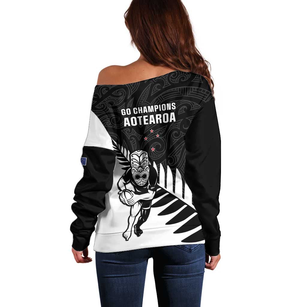 New Zealand Silver Fern Rugby Off Shoulder Sweater All Black Go Champions Maori Pattern LT14