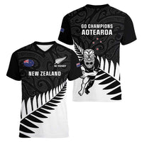 New Zealand Silver Fern Rugby Women V Neck T Shirt All Black Go Champions Maori Pattern LT14
