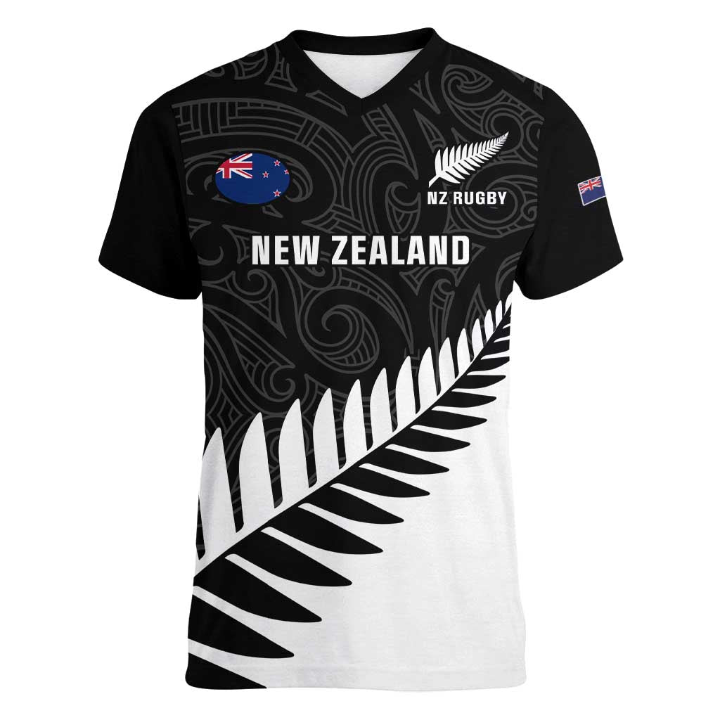 Personalised New Zealand Silver Fern Rugby Women V Neck T Shirt All Black Go Champions Maori Pattern LT14
