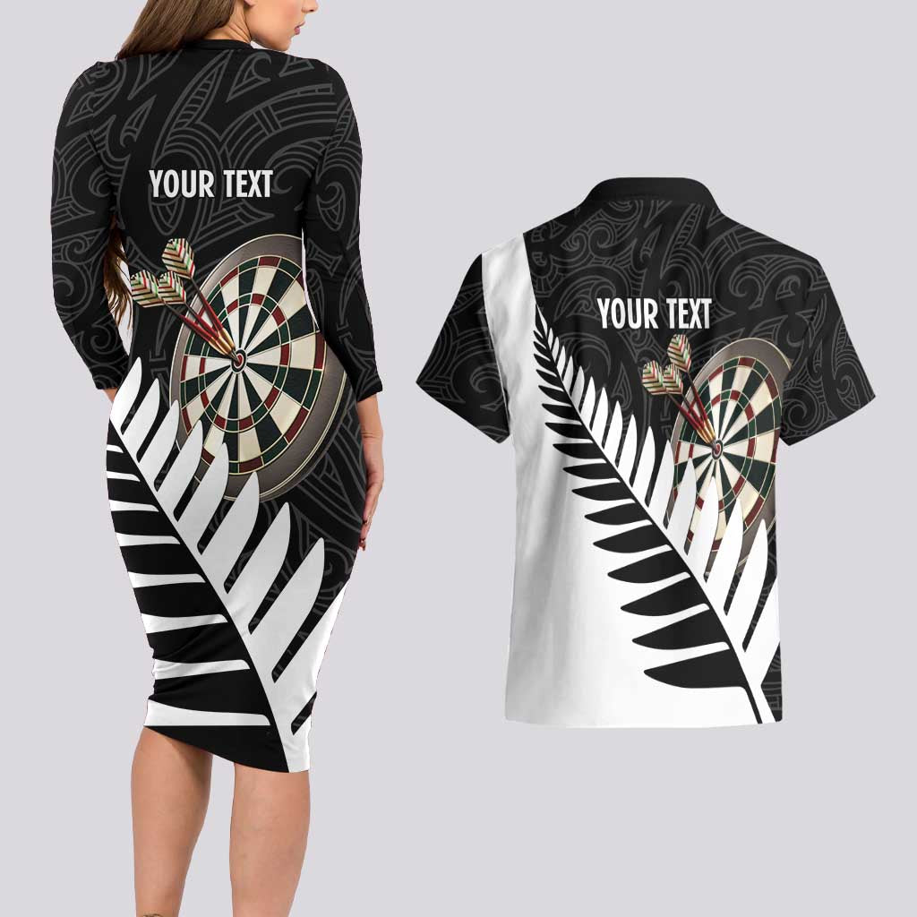 Personalised New Zealand Darts Couples Matching Long Sleeve Bodycon Dress and Hawaiian Shirt Silver Fern Aotearoa Maori Pattern - Polynesian Pride