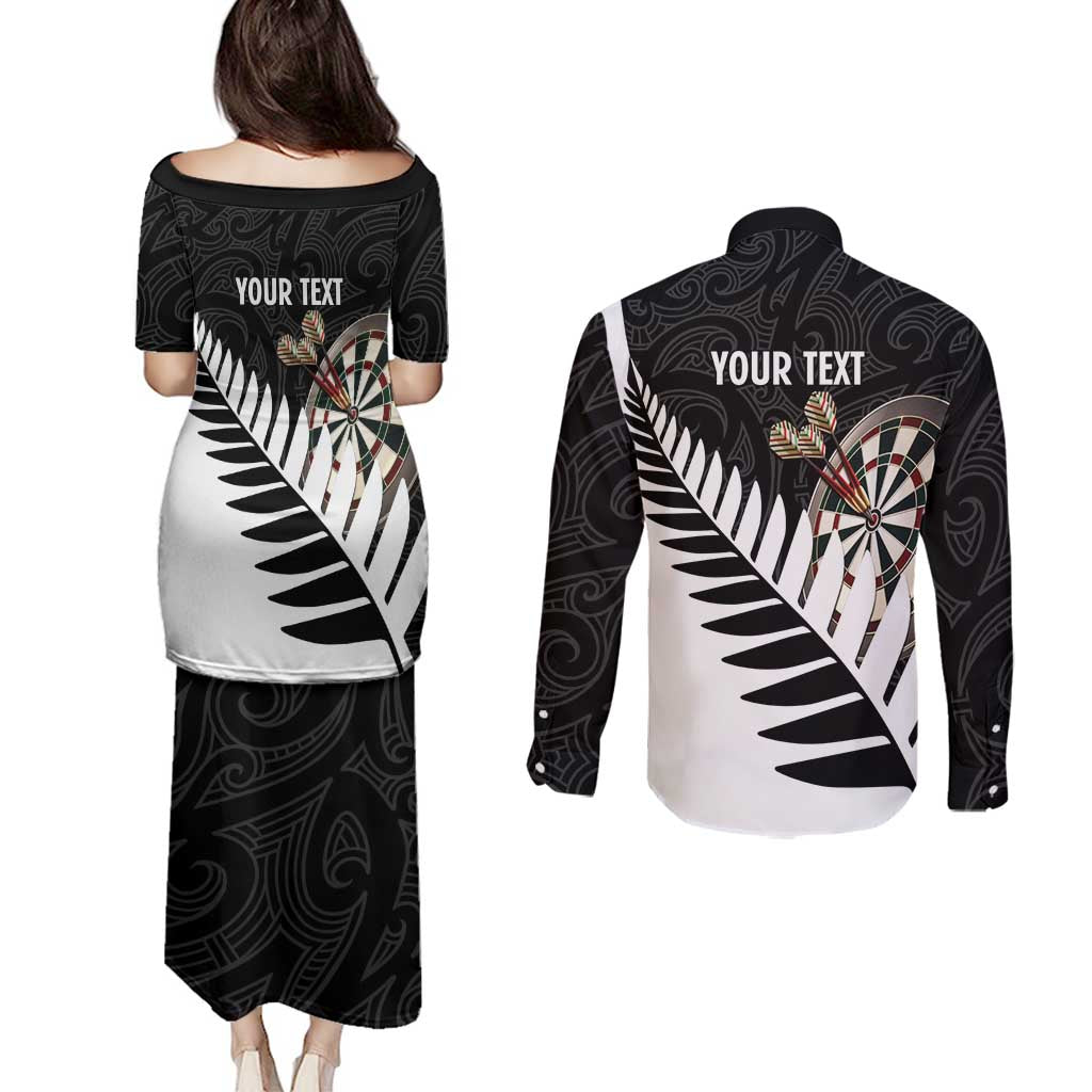 Personalised New Zealand Darts Couples Matching Puletasi and Long Sleeve Button Shirt Silver Fern Aotearoa Maori Pattern - Polynesian Pride