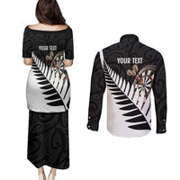 Personalised New Zealand Darts Couples Matching Puletasi and Long Sleeve Button Shirt Silver Fern Aotearoa Maori Pattern - Polynesian Pride