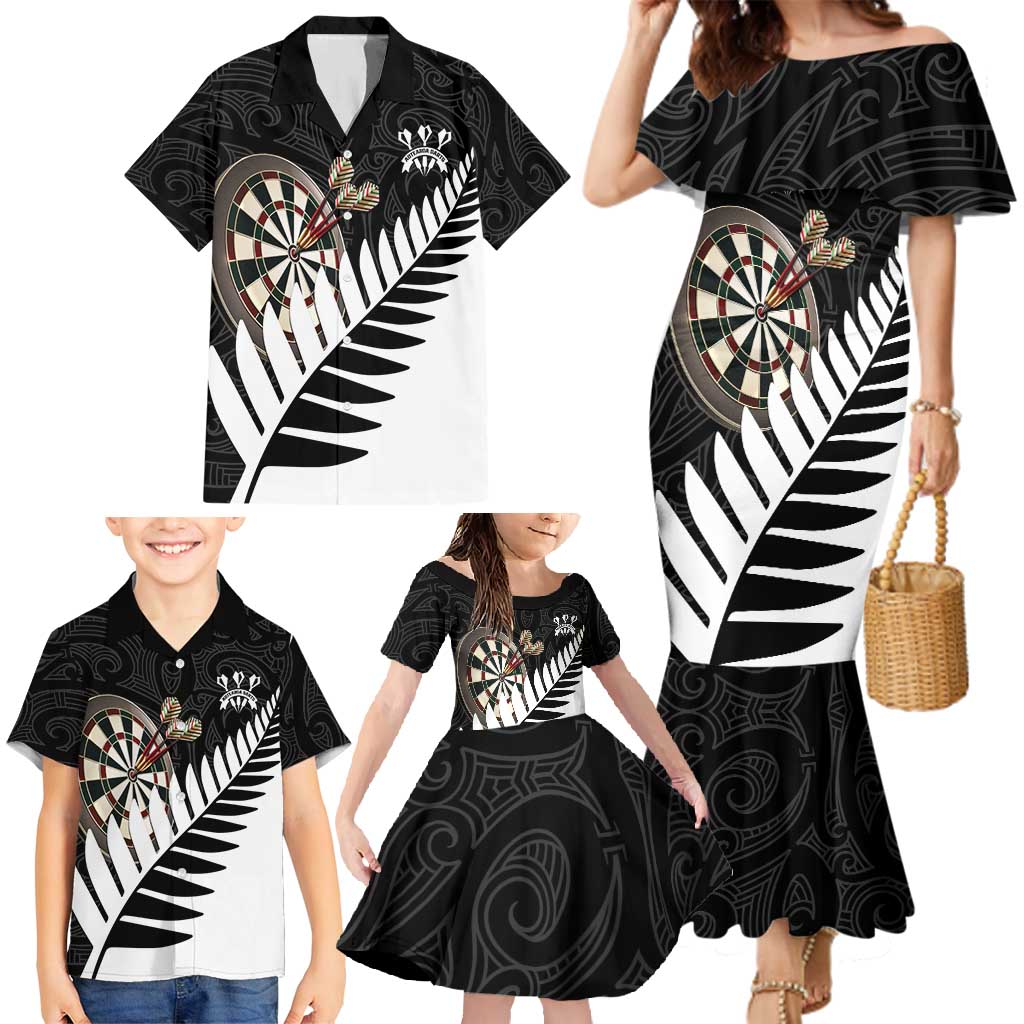 Personalised New Zealand Darts Family Matching Mermaid Dress and Hawaiian Shirt Silver Fern Aotearoa Maori Pattern - Polynesian Pride