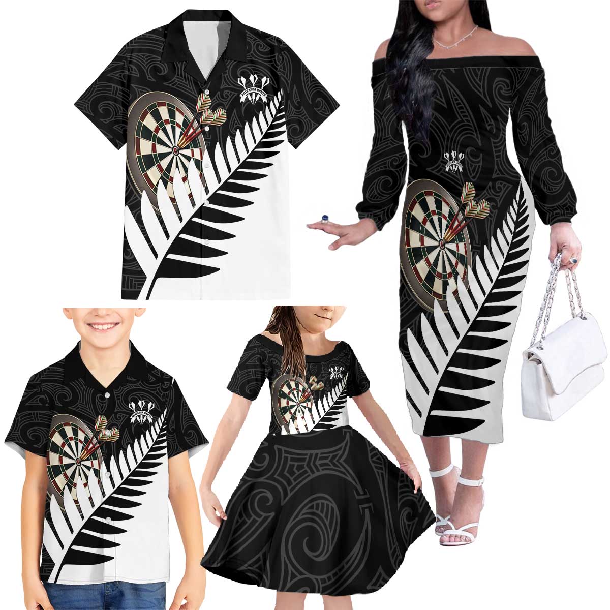 Personalised New Zealand Darts Family Matching Off The Shoulder Long Sleeve Dress and Hawaiian Shirt Silver Fern Aotearoa Maori Pattern - Polynesian Pride