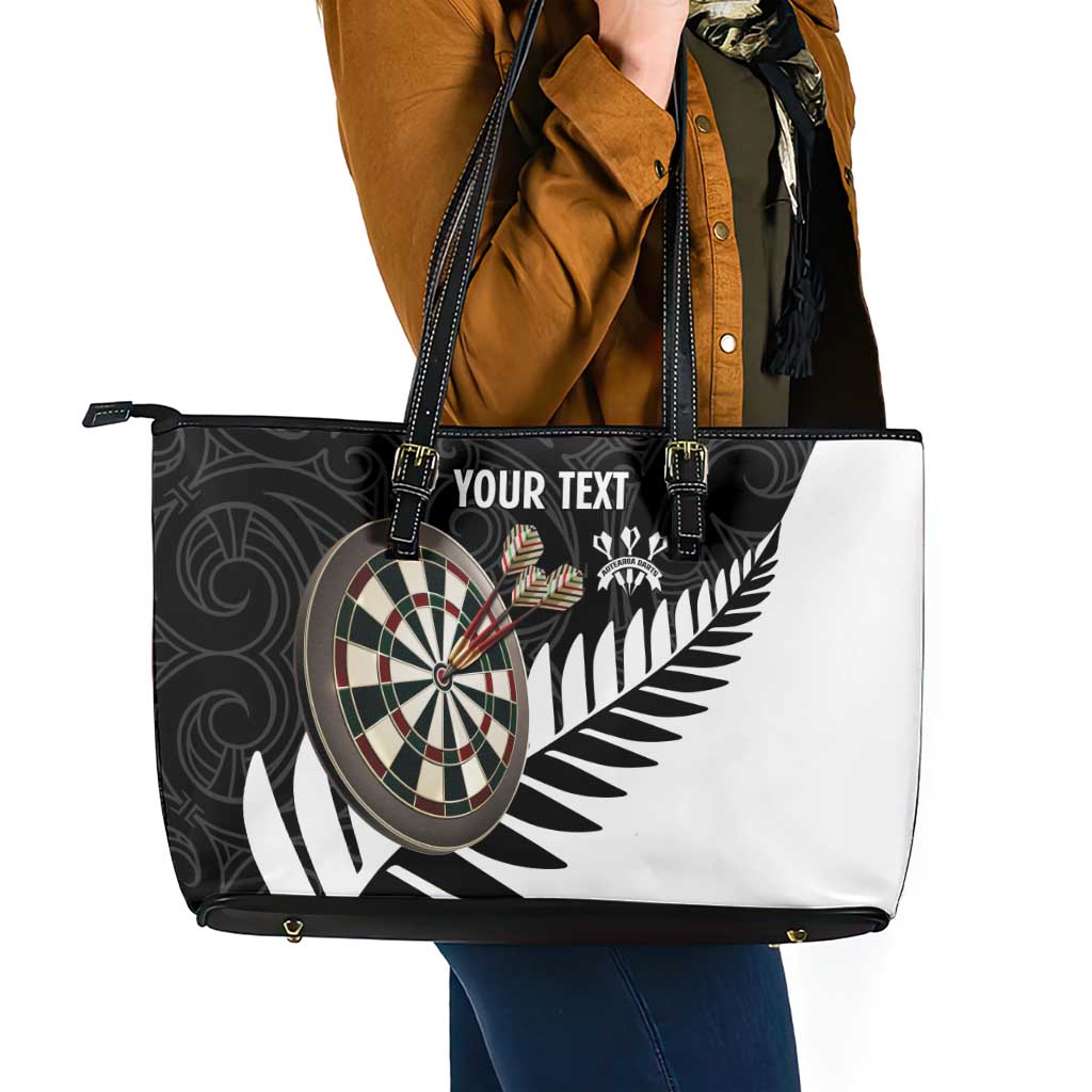 Personalised New Zealand Darts Leather Tote Bag Silver Fern Aotearoa Maori Pattern - Polynesian Pride