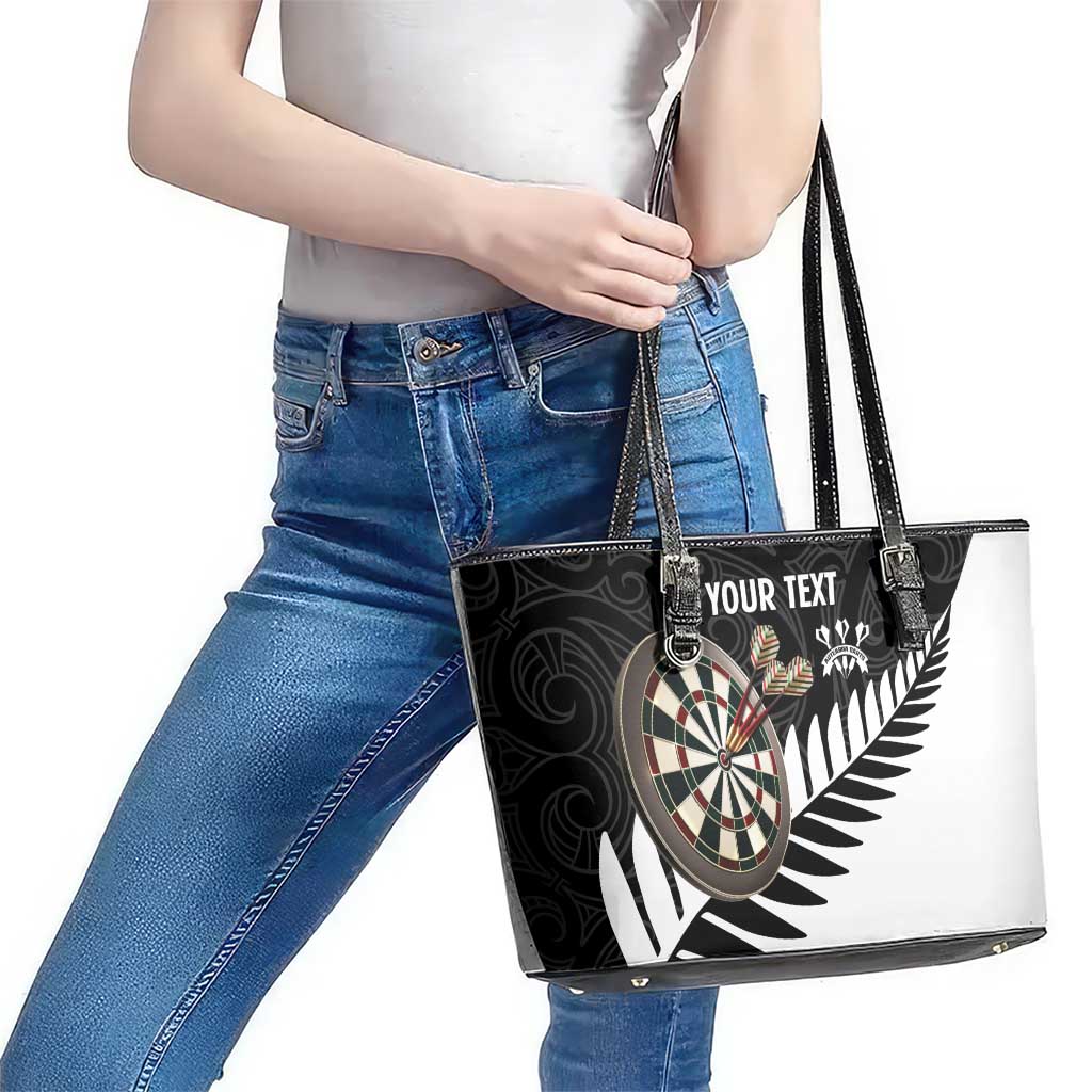 Personalised New Zealand Darts Leather Tote Bag Silver Fern Aotearoa Maori Pattern - Polynesian Pride