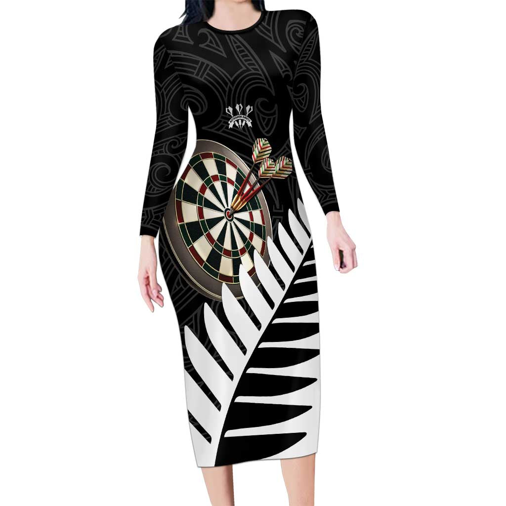 Personalised New Zealand Darts Long Sleeve Bodycon Dress Silver Fern Aotearoa Maori Pattern - Polynesian Pride