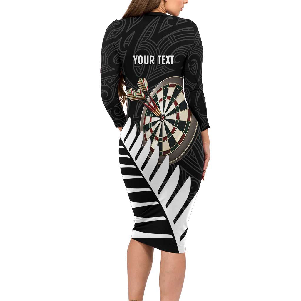Personalised New Zealand Darts Long Sleeve Bodycon Dress Silver Fern Aotearoa Maori Pattern - Polynesian Pride