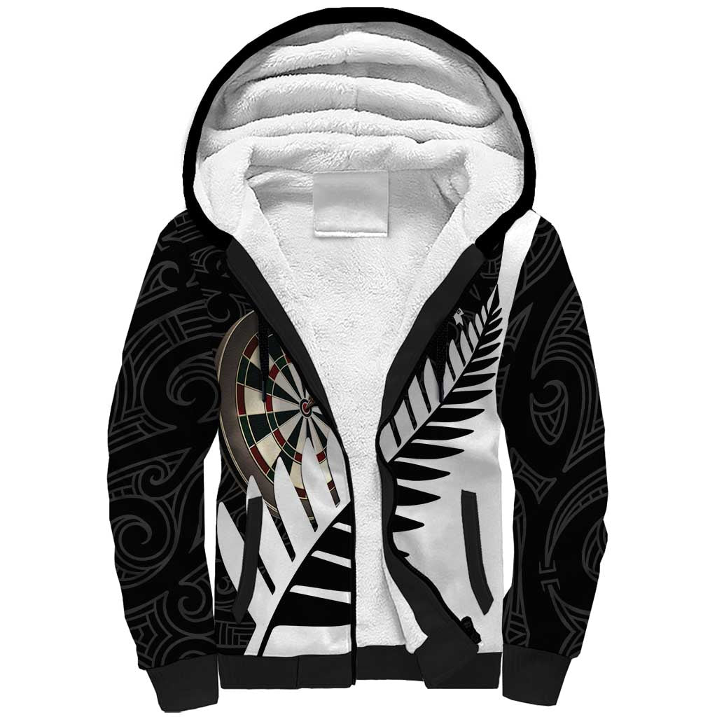 Personalised New Zealand Darts Sherpa Hoodie Silver Fern Aotearoa Maori Pattern LT14 Unisex Black - Polynesian Pride