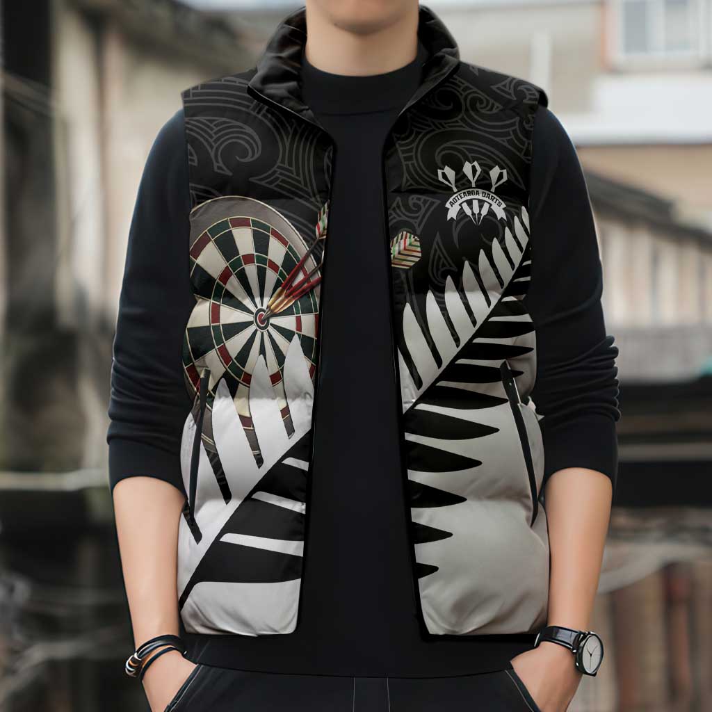 Personalised New Zealand Darts Sleeveless Puffer Jacket Silver Fern Aotearoa Maori Pattern - Polynesian Pride