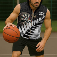 Personalised New Zealand Darts Sleeveless Zip Hoodie Silver Fern Aotearoa Maori Pattern - Polynesian Pride