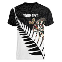 Personalised New Zealand Darts Women V-Neck T-Shirt Silver Fern Aotearoa Maori Pattern - Polynesian Pride