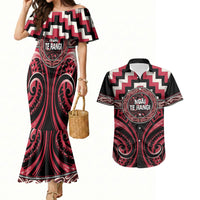 Aotearoa Ngai Te Rangi Personalised Couples Matching Mermaid Dress and Hawaiian Shirt Maori Iwi Poutama Puhoro Tattoo LT14 Red - Polynesian Pride