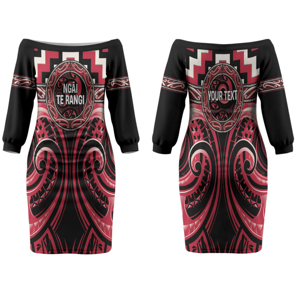 Aotearoa Ngai Te Rangi Personalised Family Matching Off The Shoulder Long Sleeve Dress and Hawaiian Shirt Maori Iwi Poutama Puhoro Tattoo LT14 Mom's Dress Red - Polynesian Pride